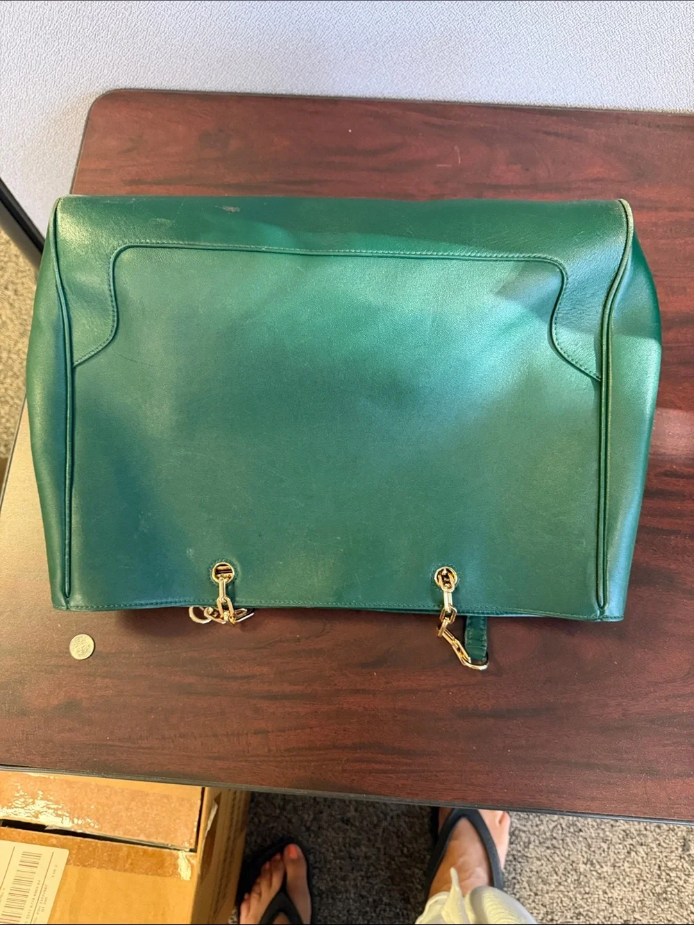 Tory Burch Emerald Green Leather Tote with Gold Chain Accents